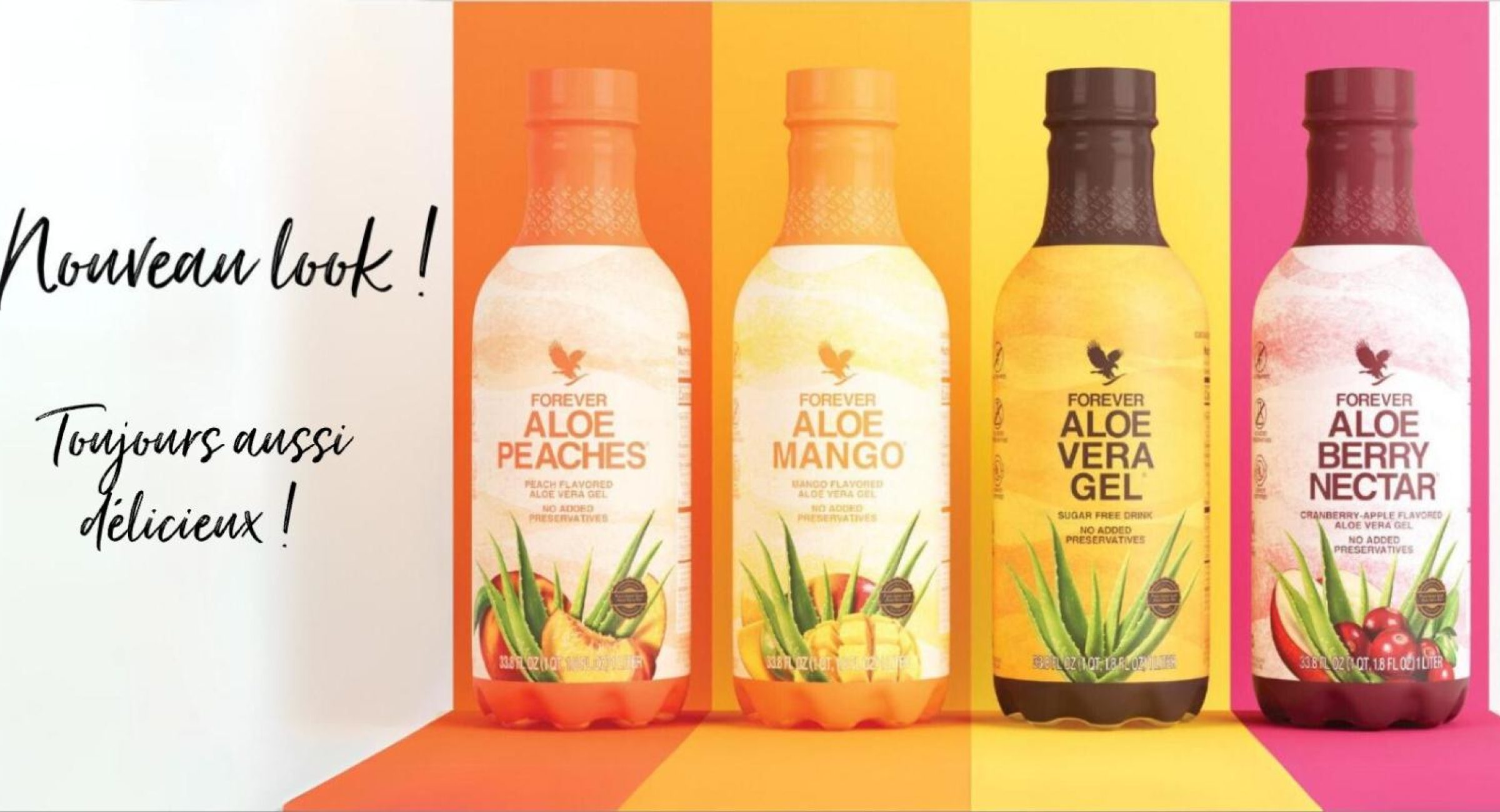 Présentation du nouveau design des quatre bouteilles d'aloe vera